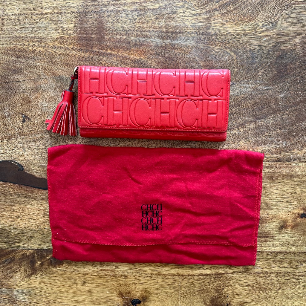 Carolina Herrera Red Monogram Leather Trifold Continental Wallet